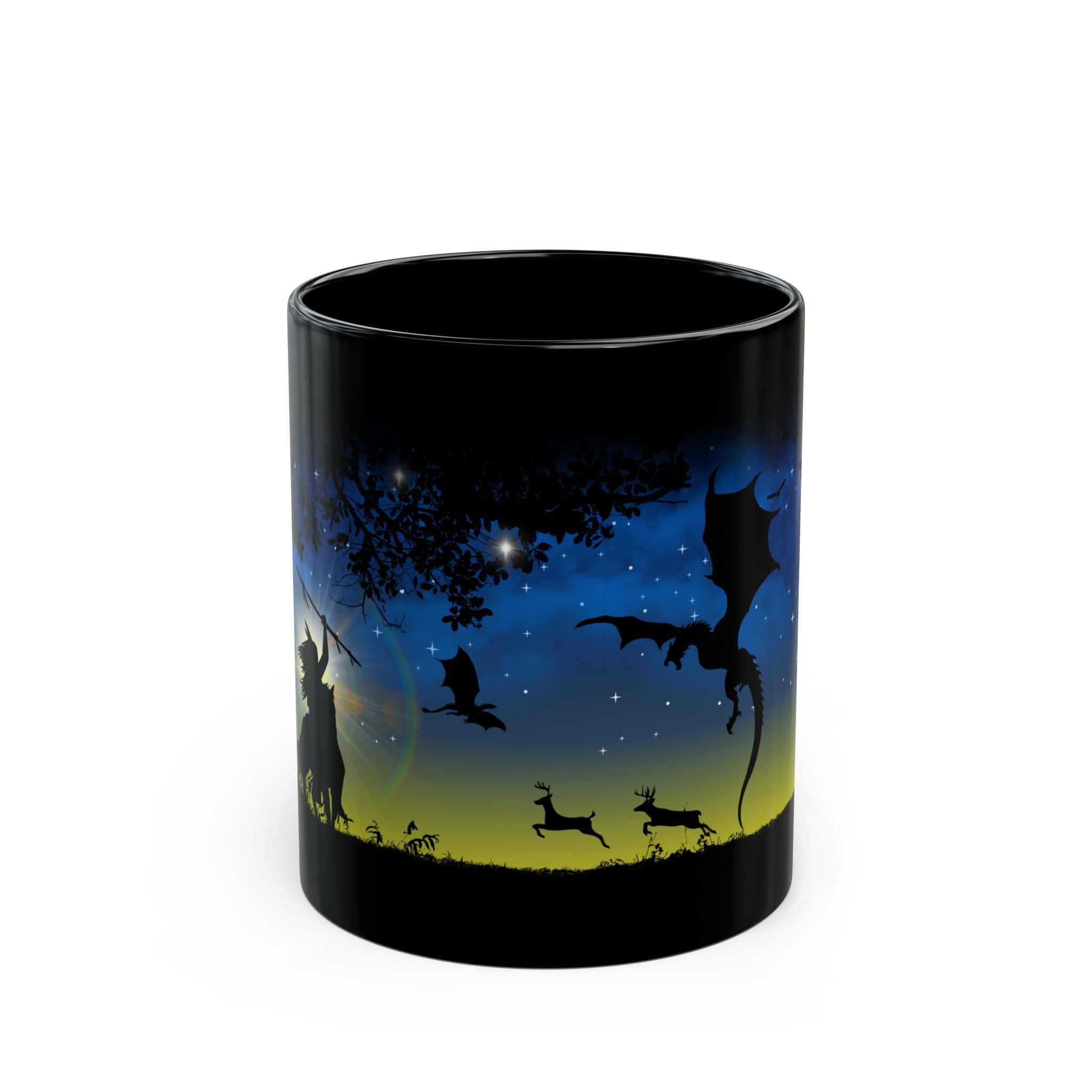 Taza de café negra de 11 oz con diseño de dragón de fantasía
