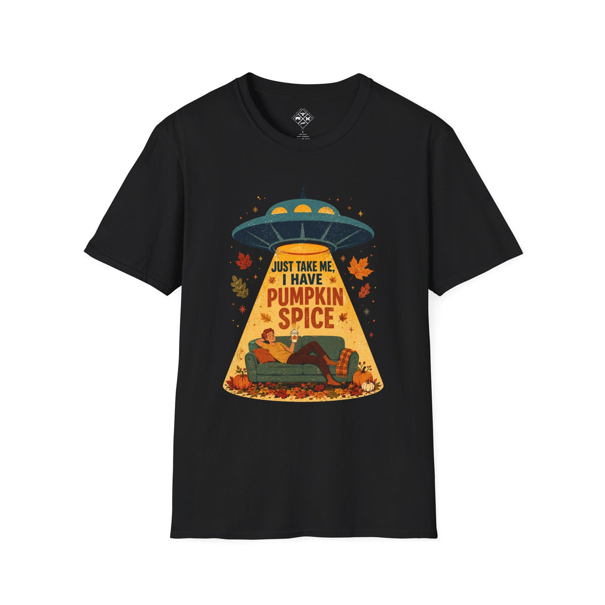 Pumpkin Spice UFO Abduction T-Shirt | Fall Leaves, Cozy Couch