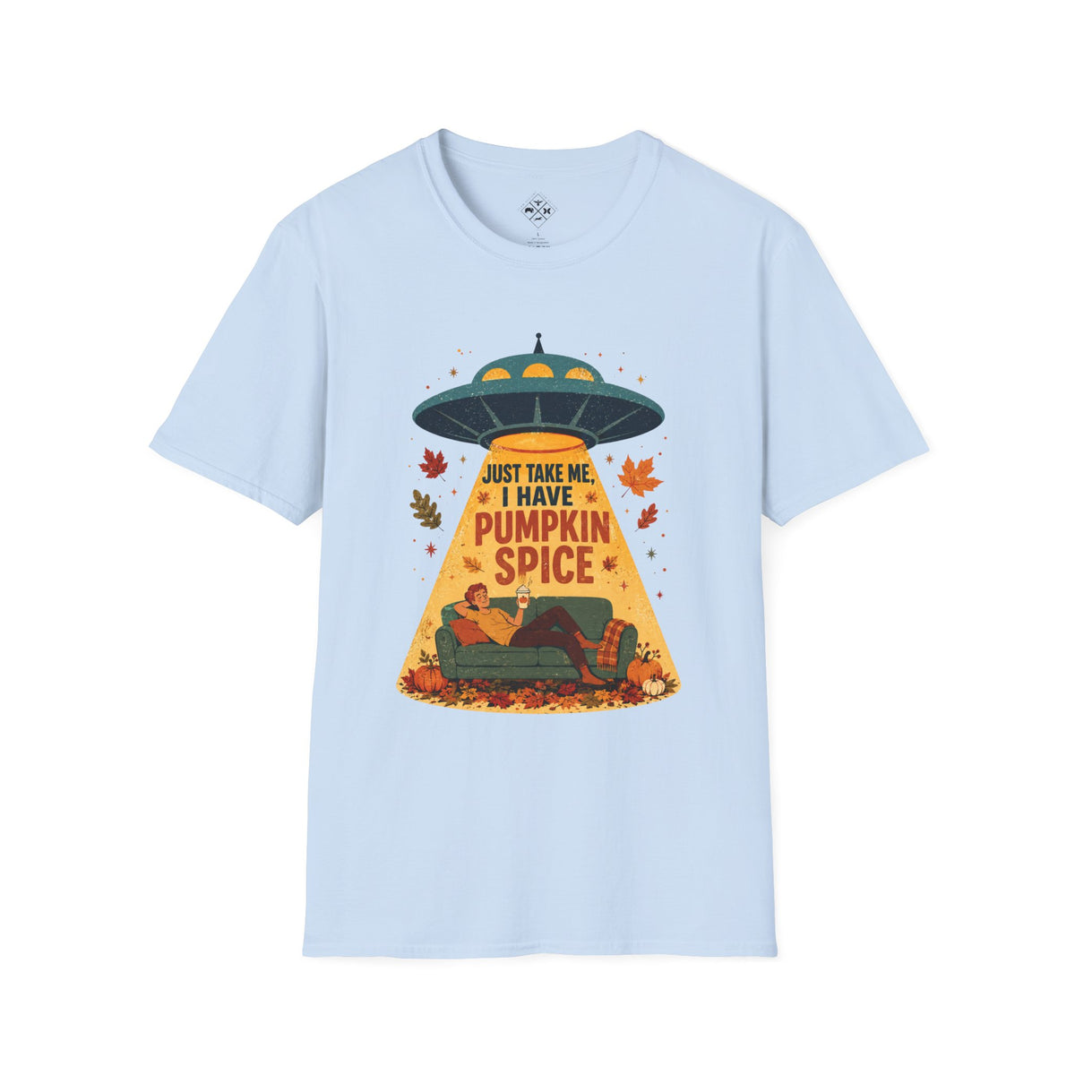 Pumpkin Spice UFO Abduction T-Shirt | Fall Leaves, Cozy Couch