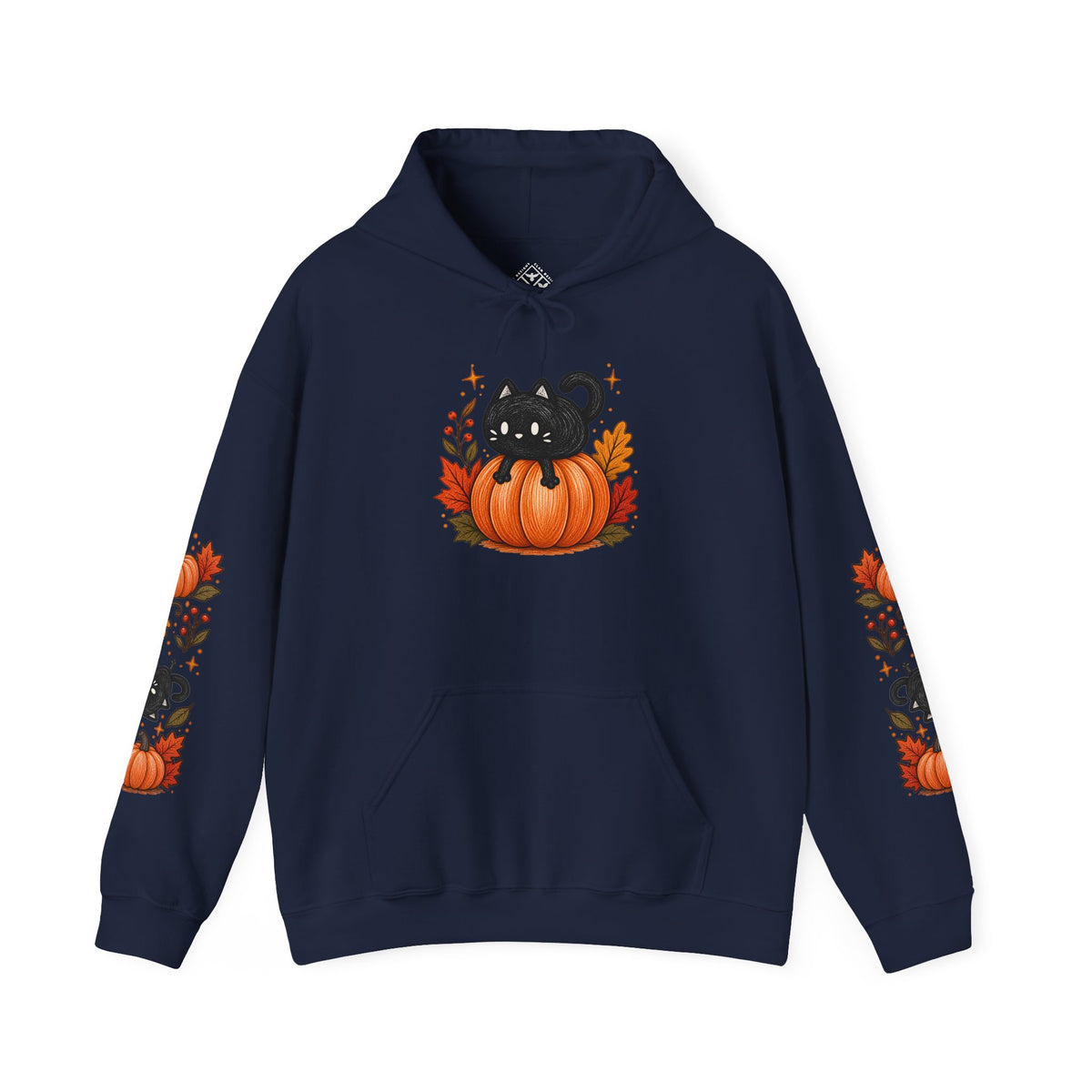 Black Cat on Pumpkin Hoodie | Autumn Leaves Sleeve Design