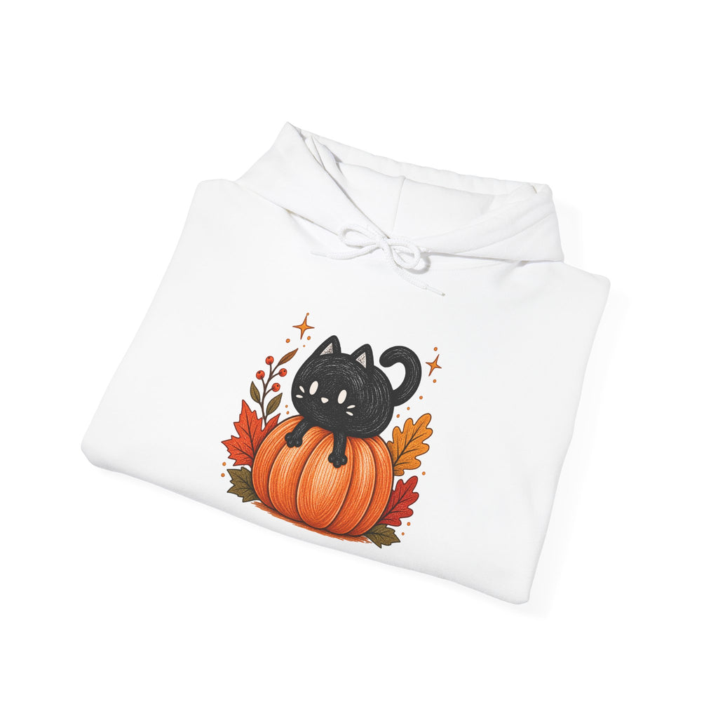 Black Cat on Pumpkin Hoodie | Autumn Leaves Sleeve Design