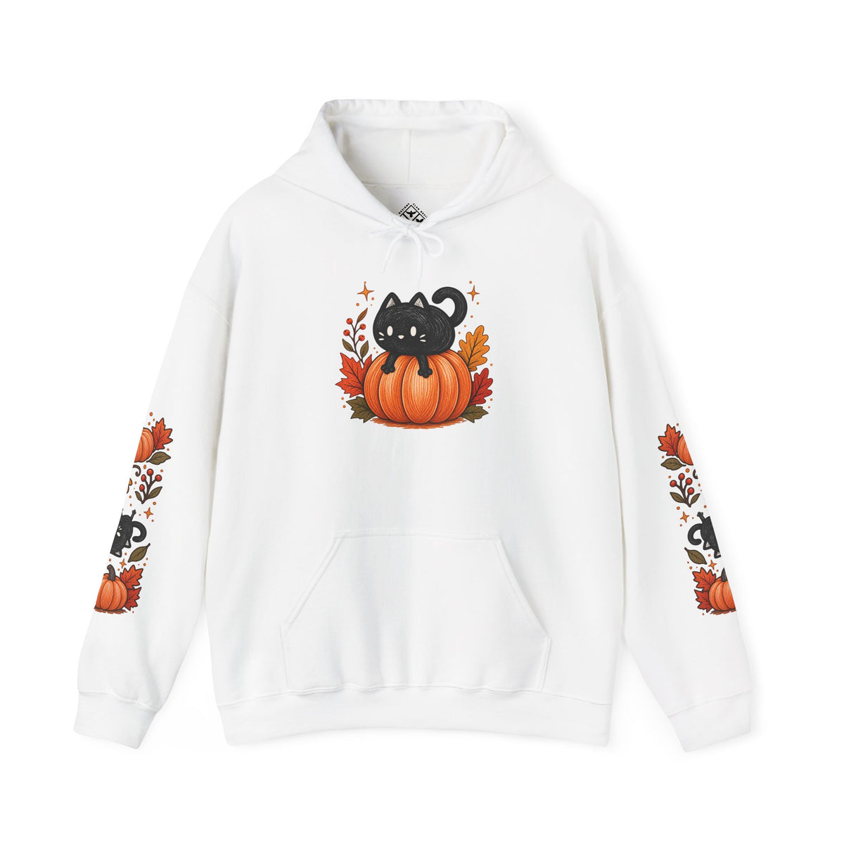 Black Cat on Pumpkin Hoodie | Autumn Leaves Sleeve Design