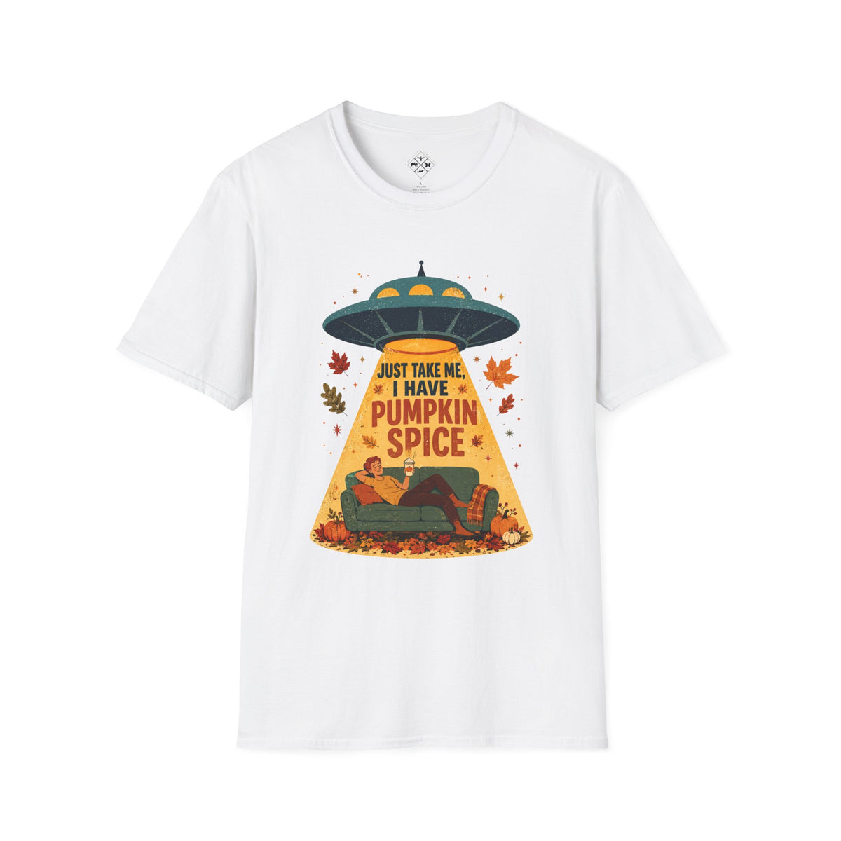 Pumpkin Spice UFO Abduction T-Shirt | Fall Leaves, Cozy Couch