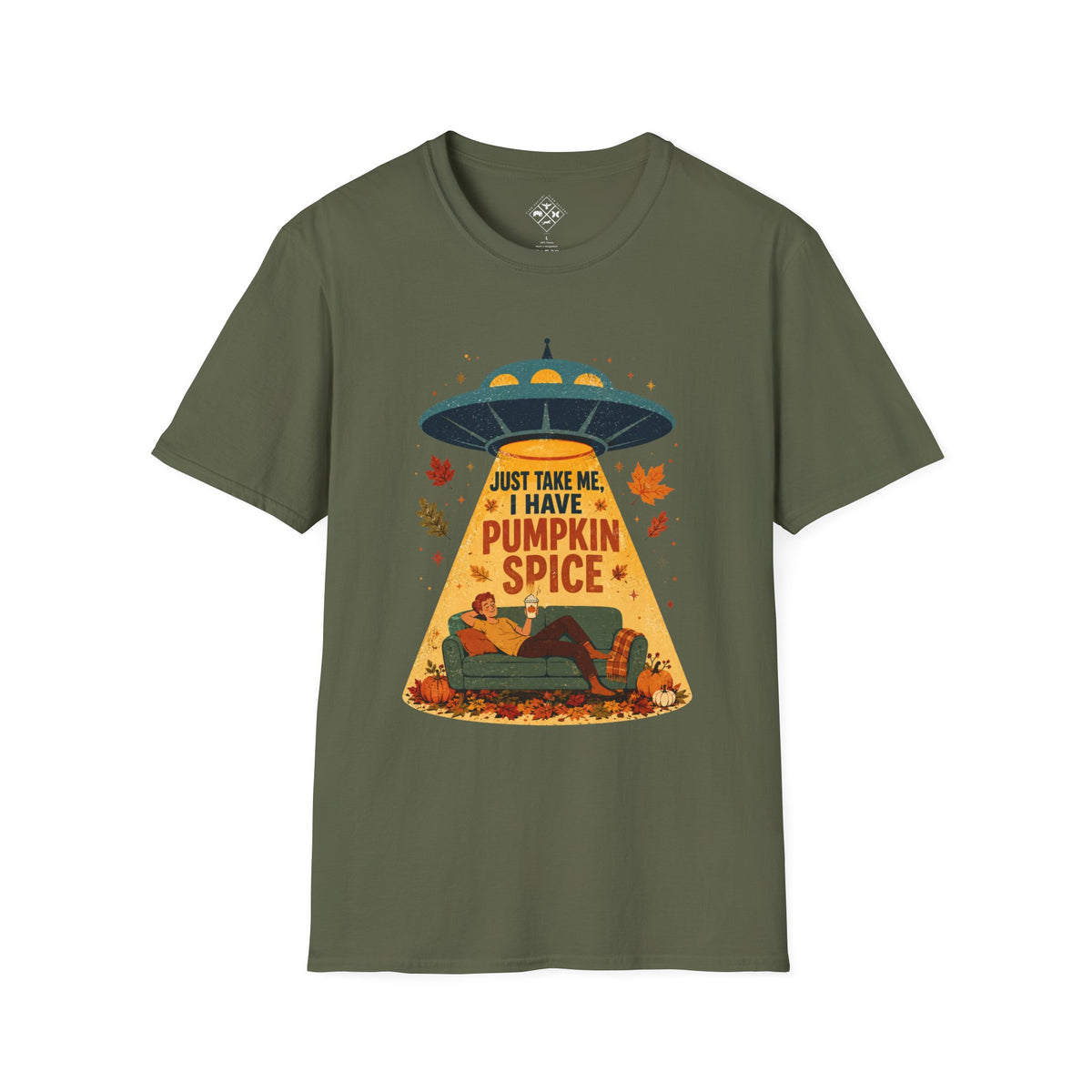 Pumpkin Spice UFO Abduction T-Shirt | Fall Leaves, Cozy Couch
