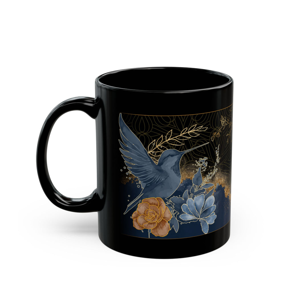 Blue and Gold Humming Birds Black Mug 11oz