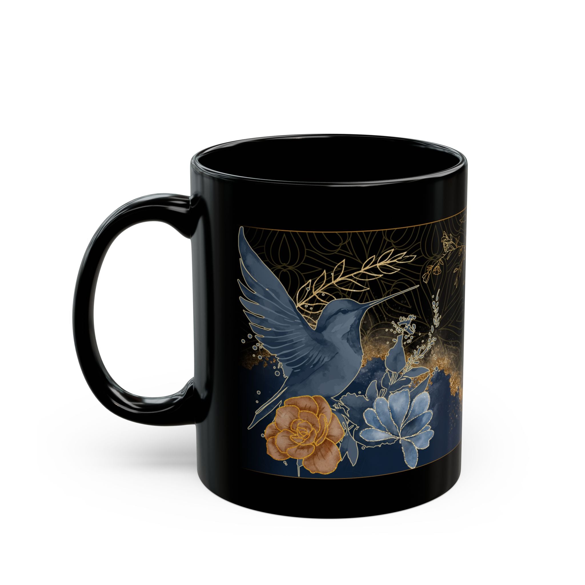 Blue and Gold Humming Birds Black Mug 11oz