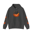 Black Cat on Pumpkin Hoodie | Autumn Leaves Sleeve Design