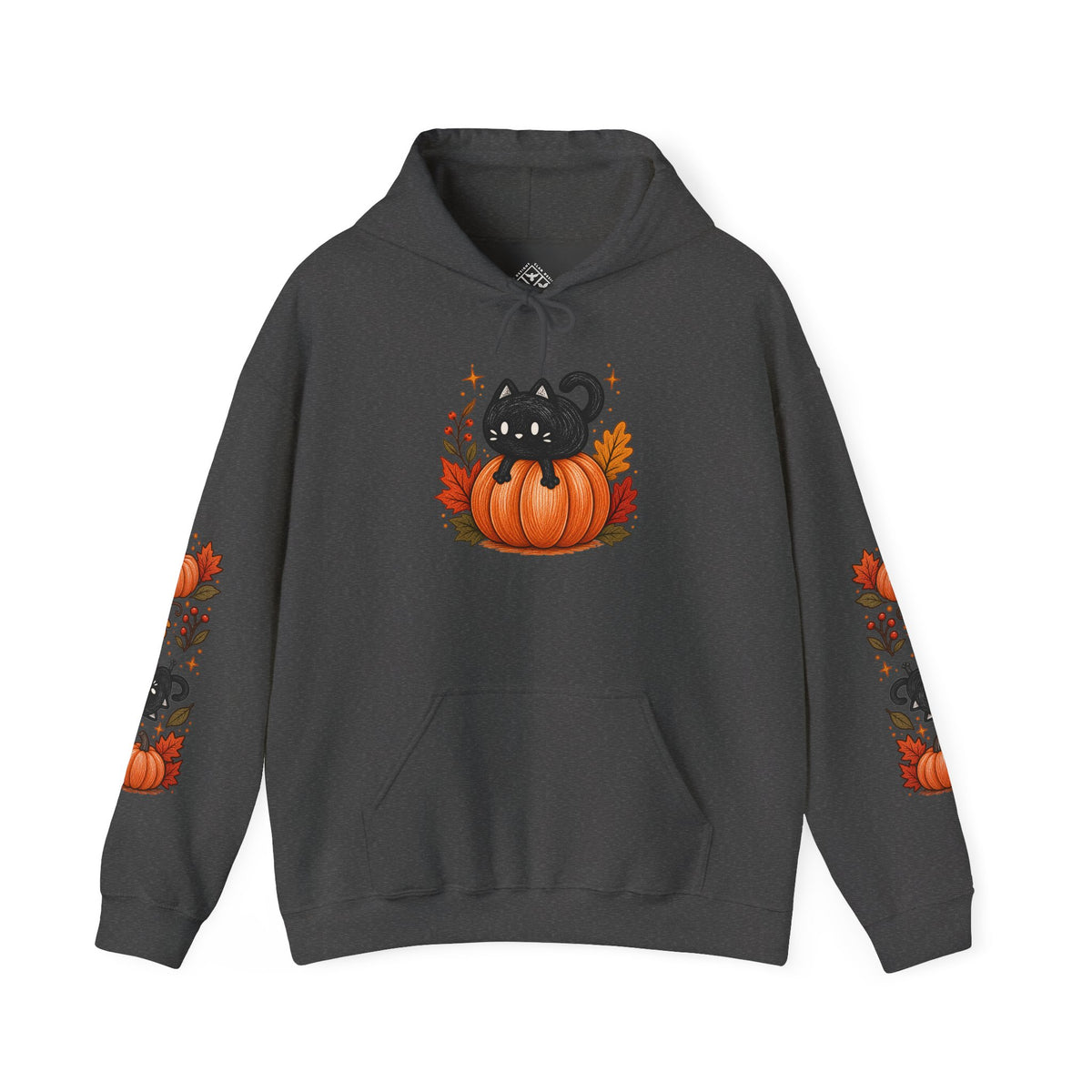 Black Cat on Pumpkin Hoodie | Autumn Leaves Sleeve Design