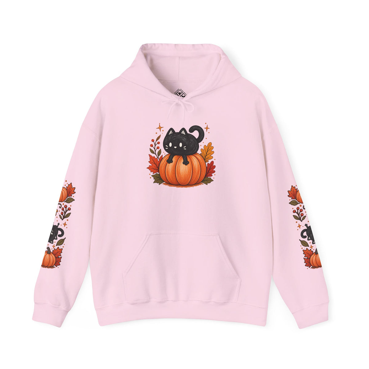 Black Cat on Pumpkin Hoodie | Autumn Leaves Sleeve Design