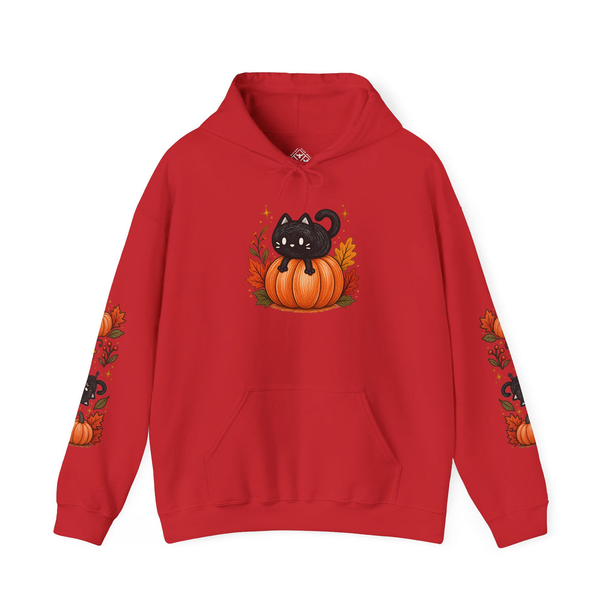 Black Cat on Pumpkin Hoodie | Autumn Leaves Sleeve Design