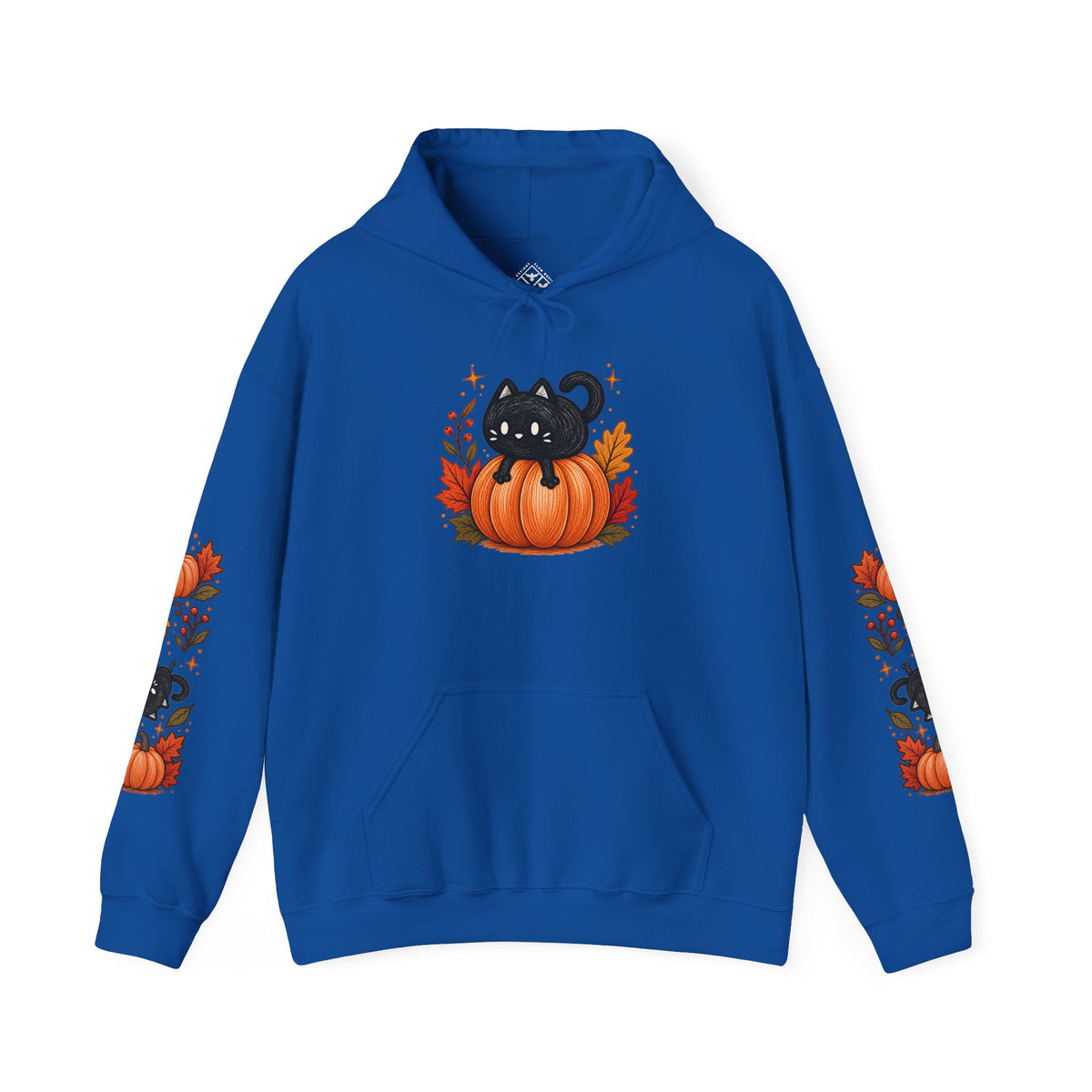 Black Cat on Pumpkin Hoodie | Autumn Leaves Sleeve Design