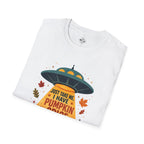 Pumpkin Spice UFO Abduction T-Shirt | Fall Leaves, Cozy Couch