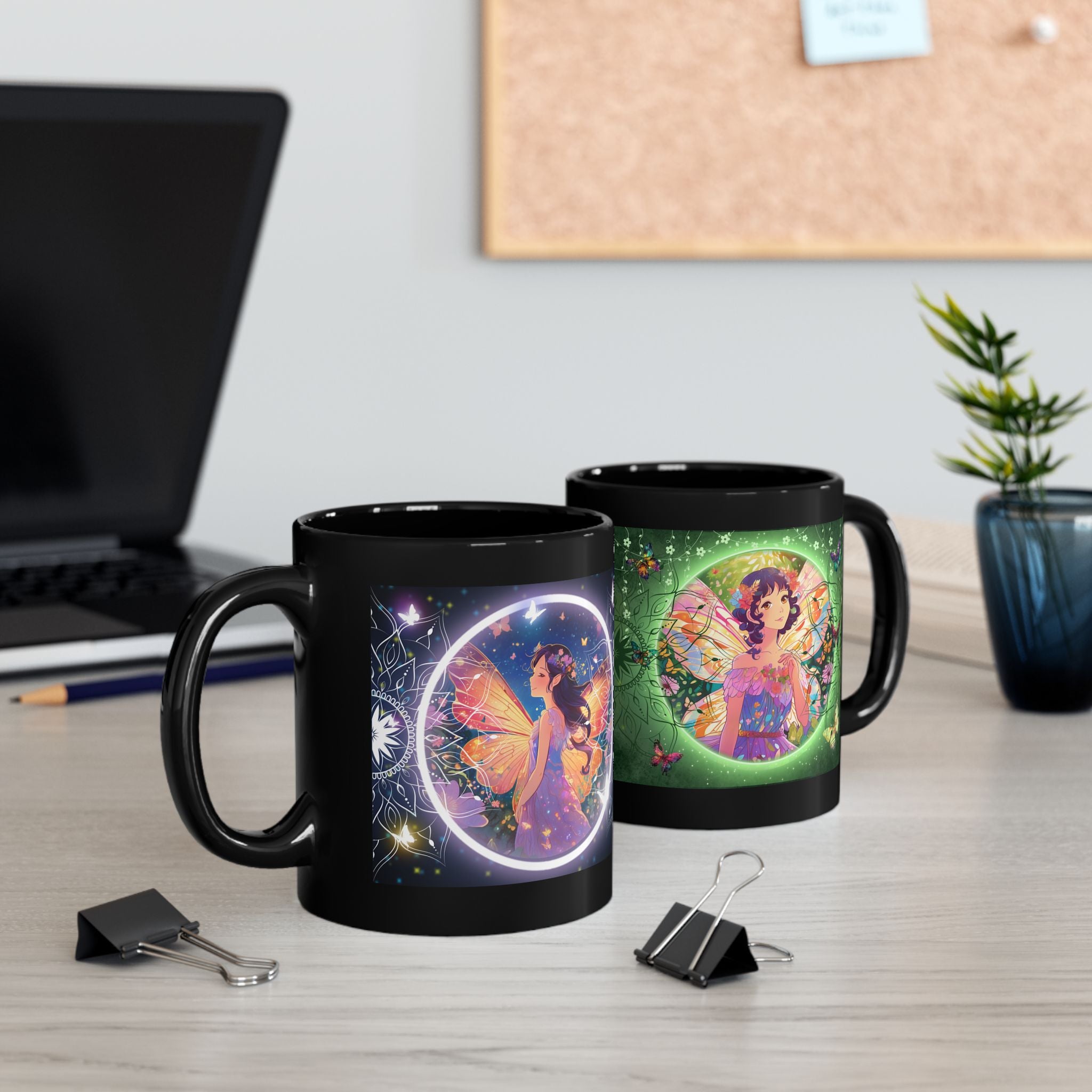 Taza Negra de Hada Mariposa, Taza de Café Amante de la Naturaleza 11oz