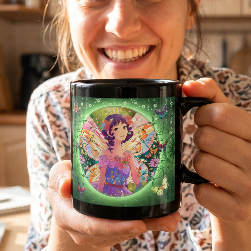 Butterfly Fairy Black Mug, Nature Lover Coffee Cup 11oz