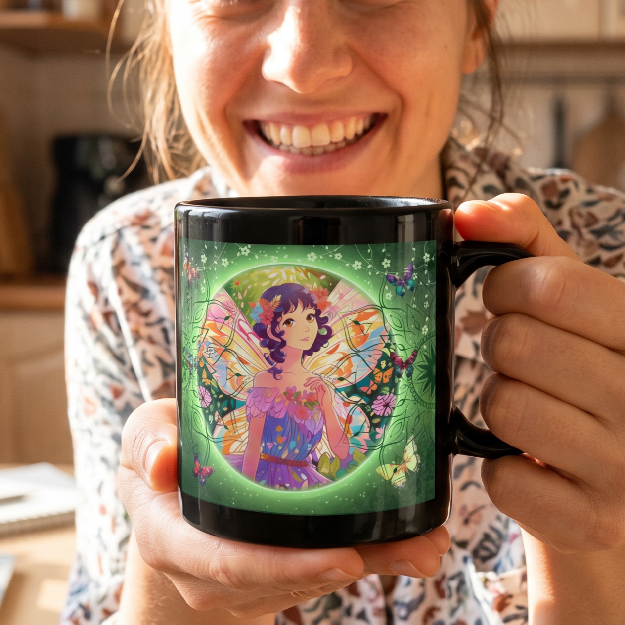 Taza Negra de Hada Mariposa, Taza de Café Amante de la Naturaleza 11oz