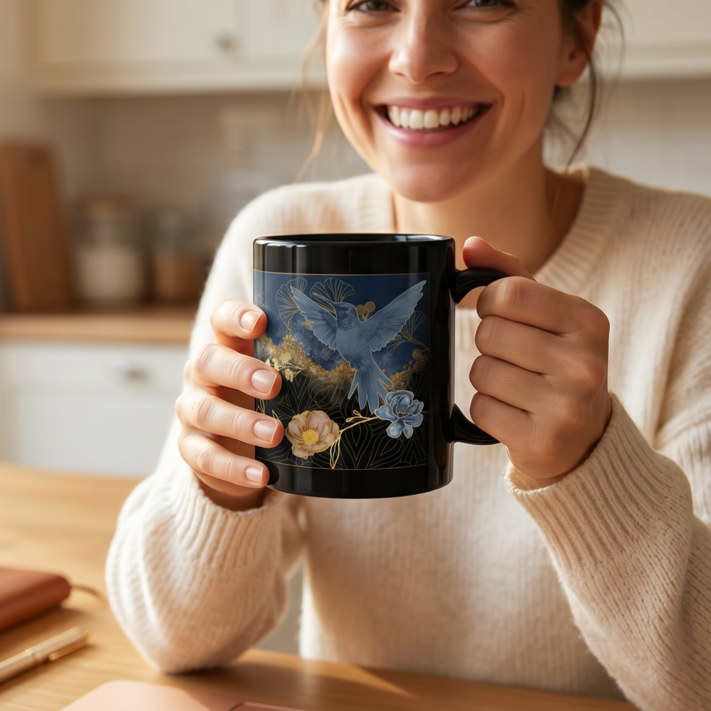 Taza Negra Colibríes Azules y Dorados 11oz