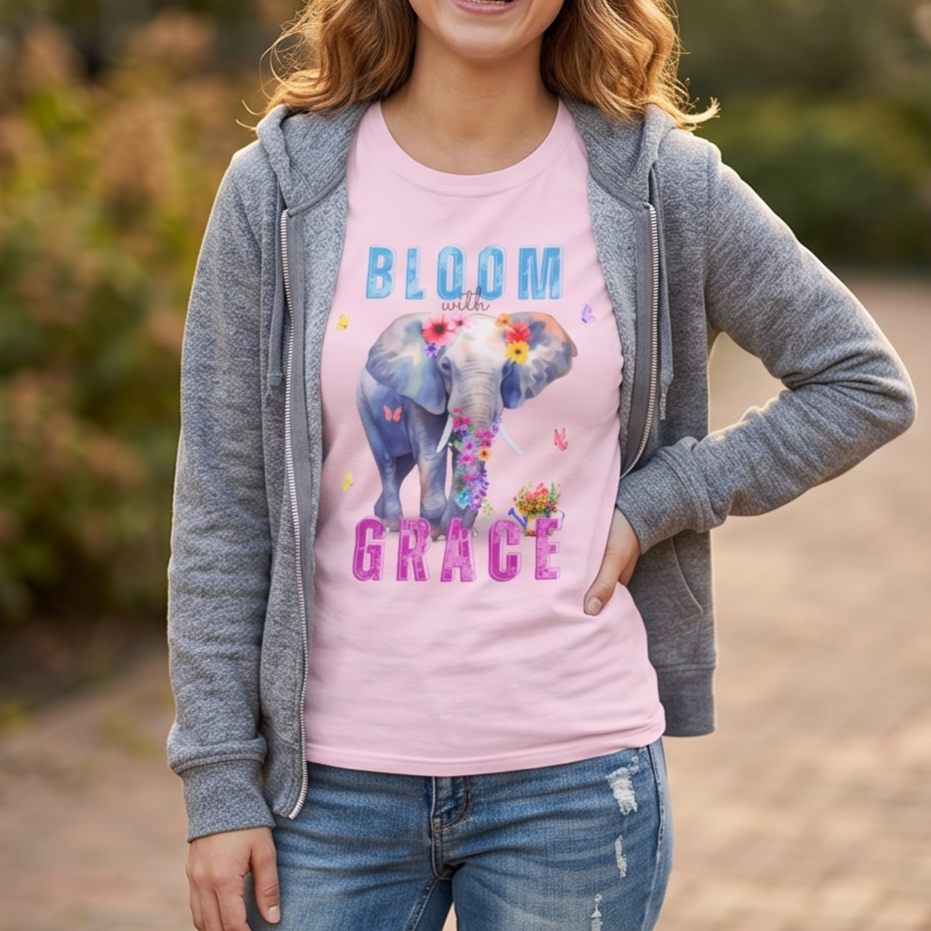 Camiseta "Florece con Gracia", Camiseta Floral de Elefante