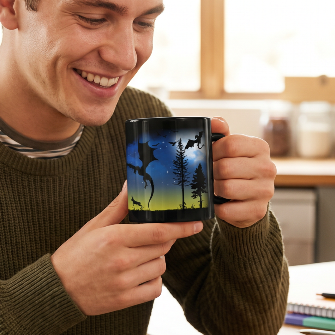 Taza de café negra de 11 oz con diseño de dragón de fantasía