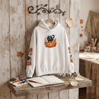 Black Cat on Pumpkin Hoodie | Autumn Leaves Sleeve Design