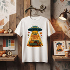 Pumpkin Spice UFO Abduction T-Shirt | Fall Leaves, Cozy Couch