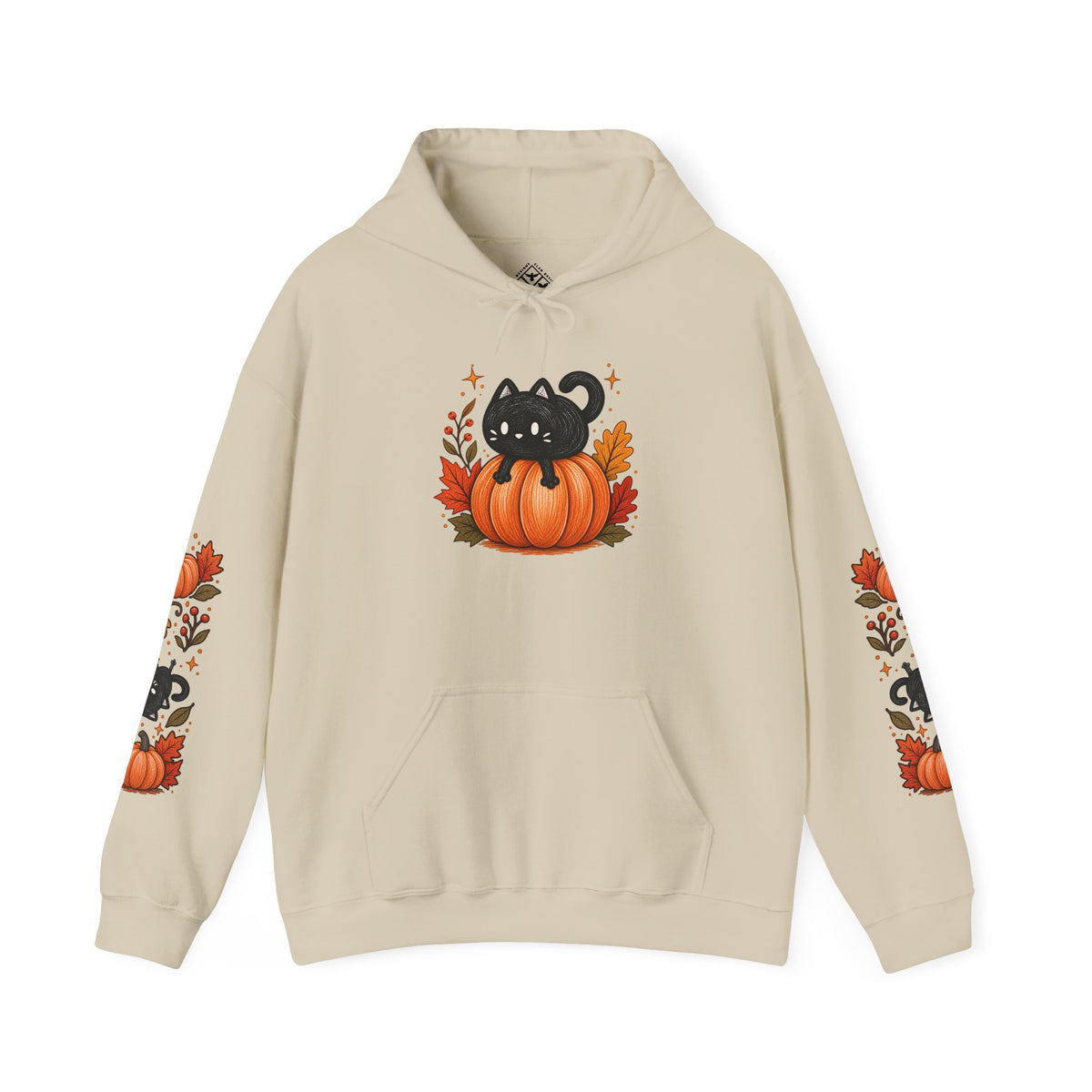 Black Cat on Pumpkin Hoodie | Autumn Leaves Sleeve Design