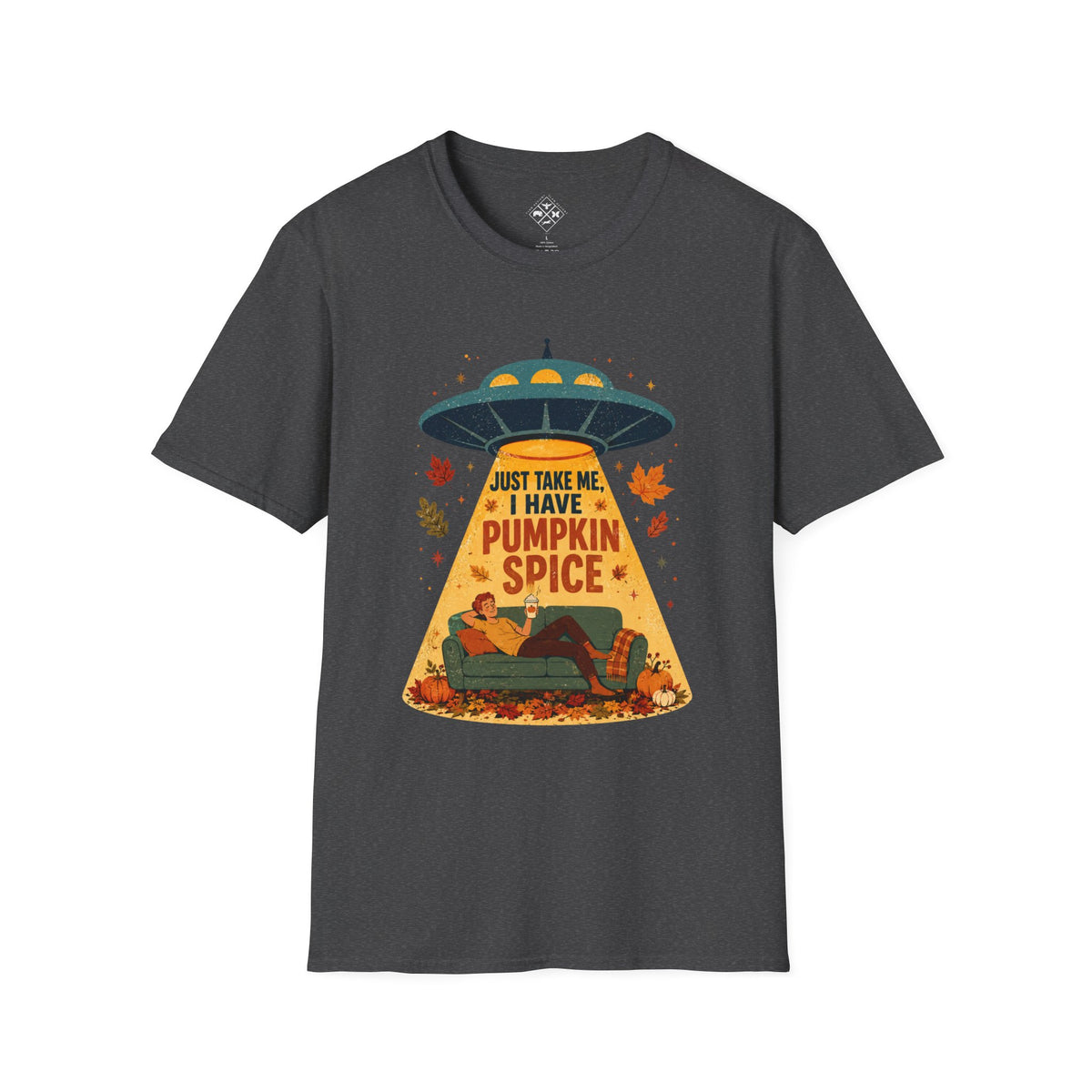 Pumpkin Spice UFO Abduction T-Shirt | Fall Leaves, Cozy Couch