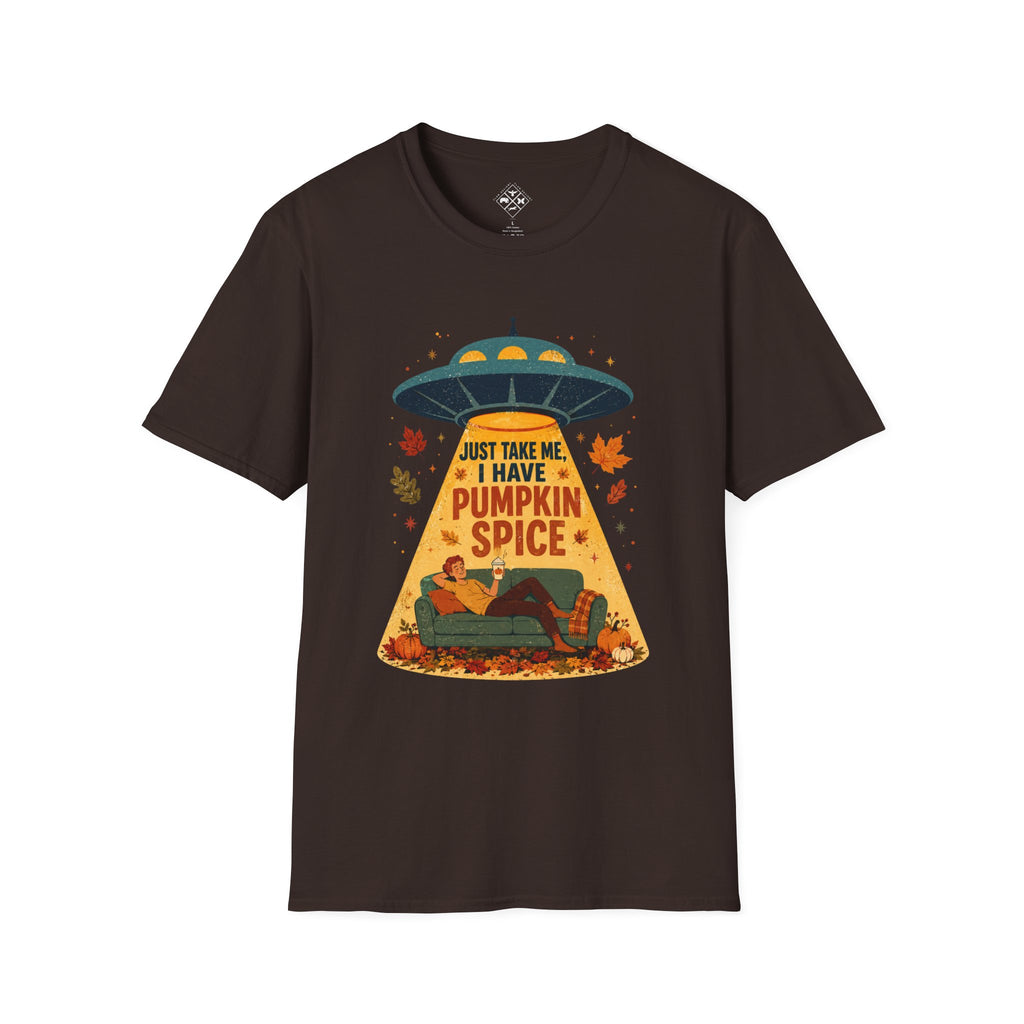 Pumpkin Spice UFO Abduction T-Shirt | Fall Leaves, Cozy Couch