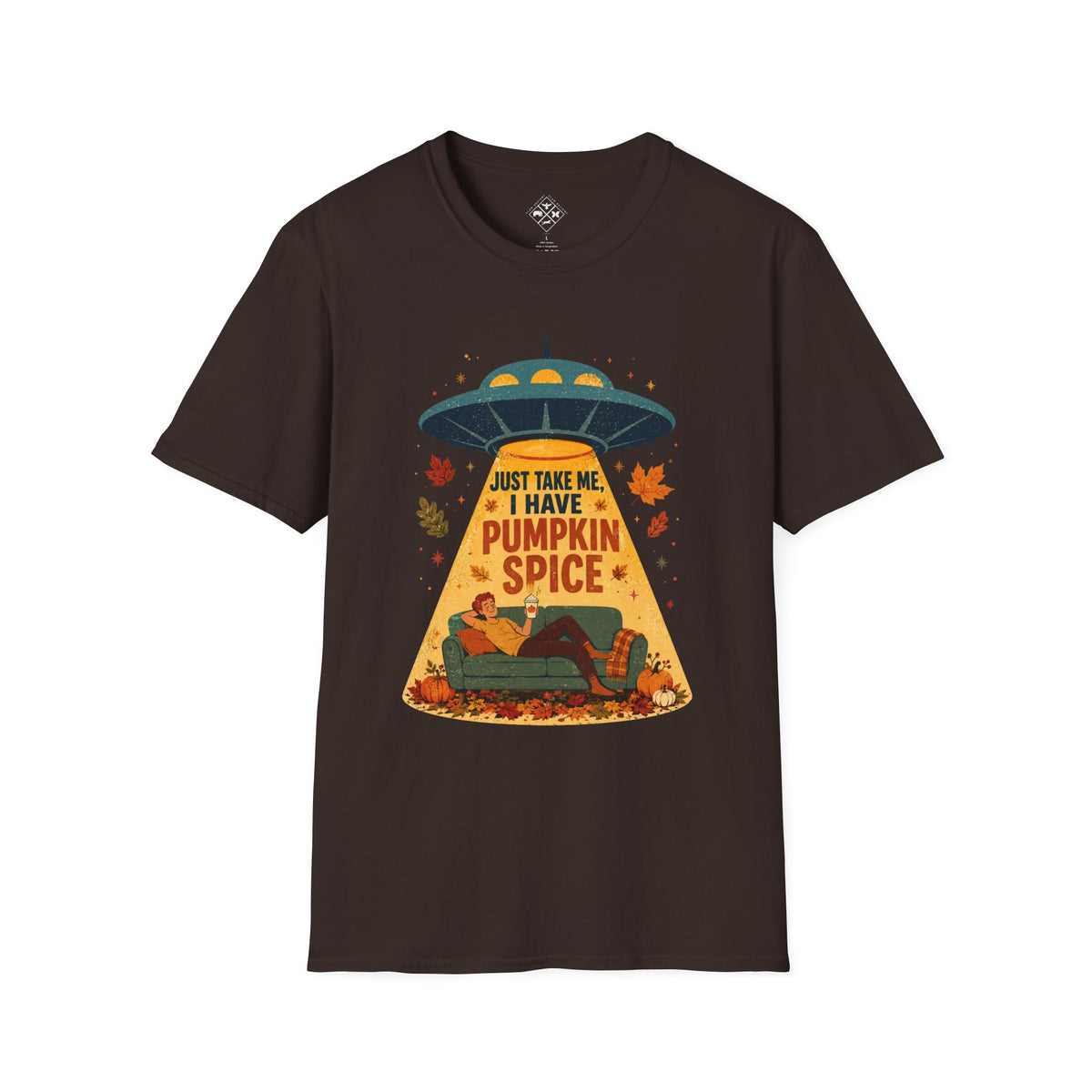 Pumpkin Spice UFO Abduction T-Shirt | Fall Leaves, Cozy Couch