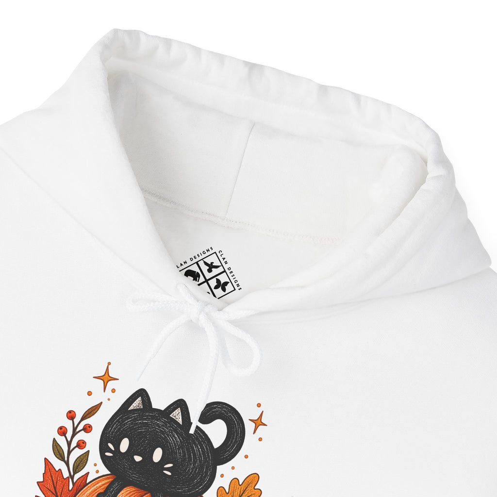 Black Cat on Pumpkin Hoodie | Autumn Leaves Sleeve Design