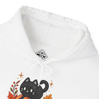 Black Cat on Pumpkin Hoodie | Autumn Leaves Sleeve Design