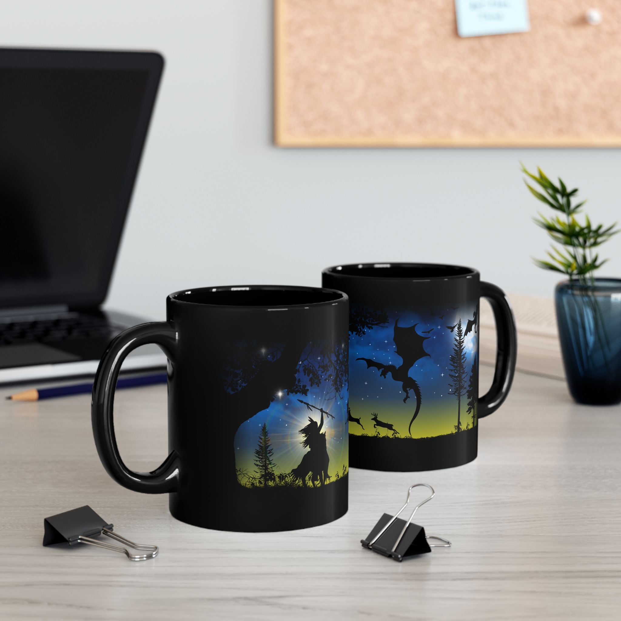 Taza de café negra de 11 oz con diseño de dragón de fantasía