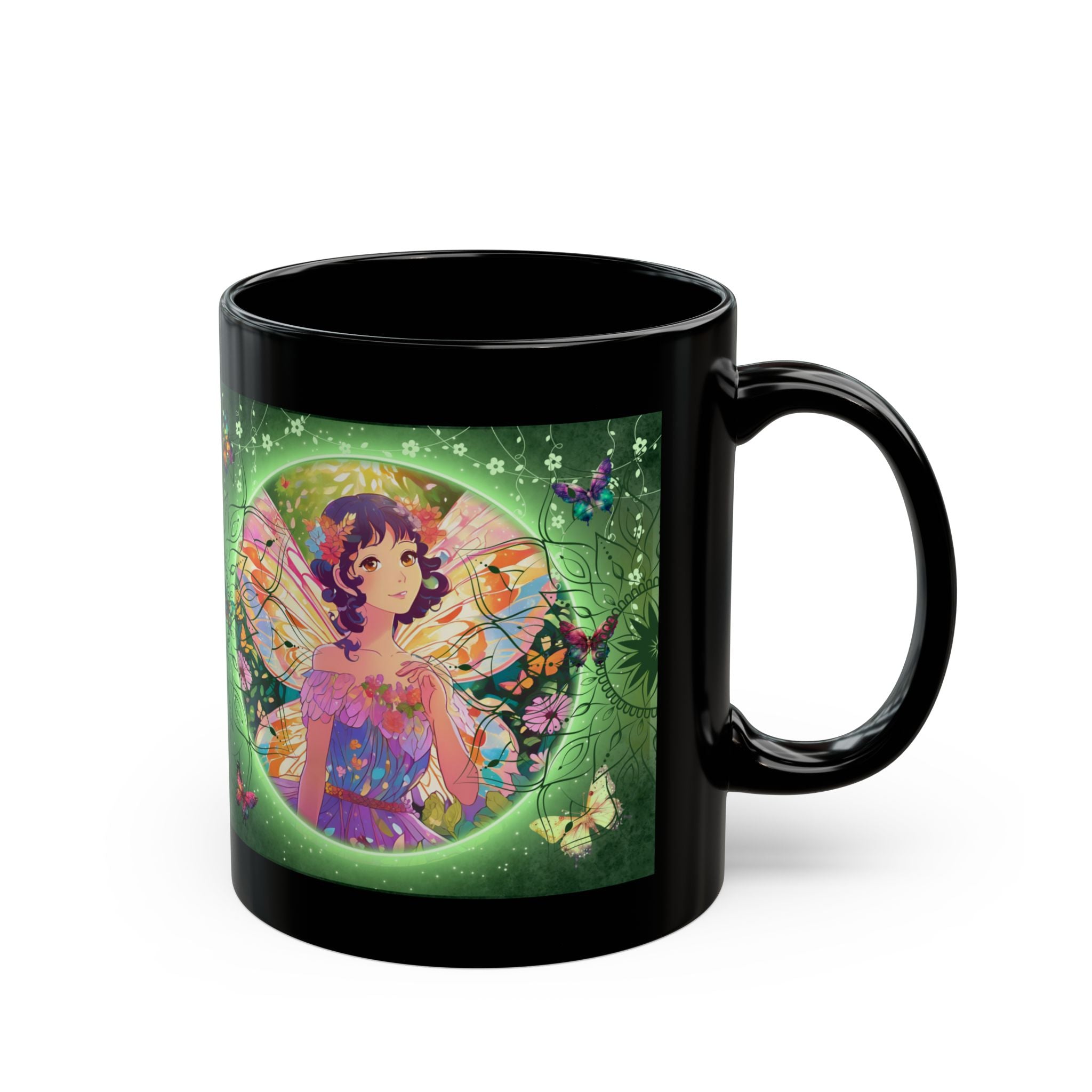 Taza Negra de Hada Mariposa, Taza de Café Amante de la Naturaleza 11oz