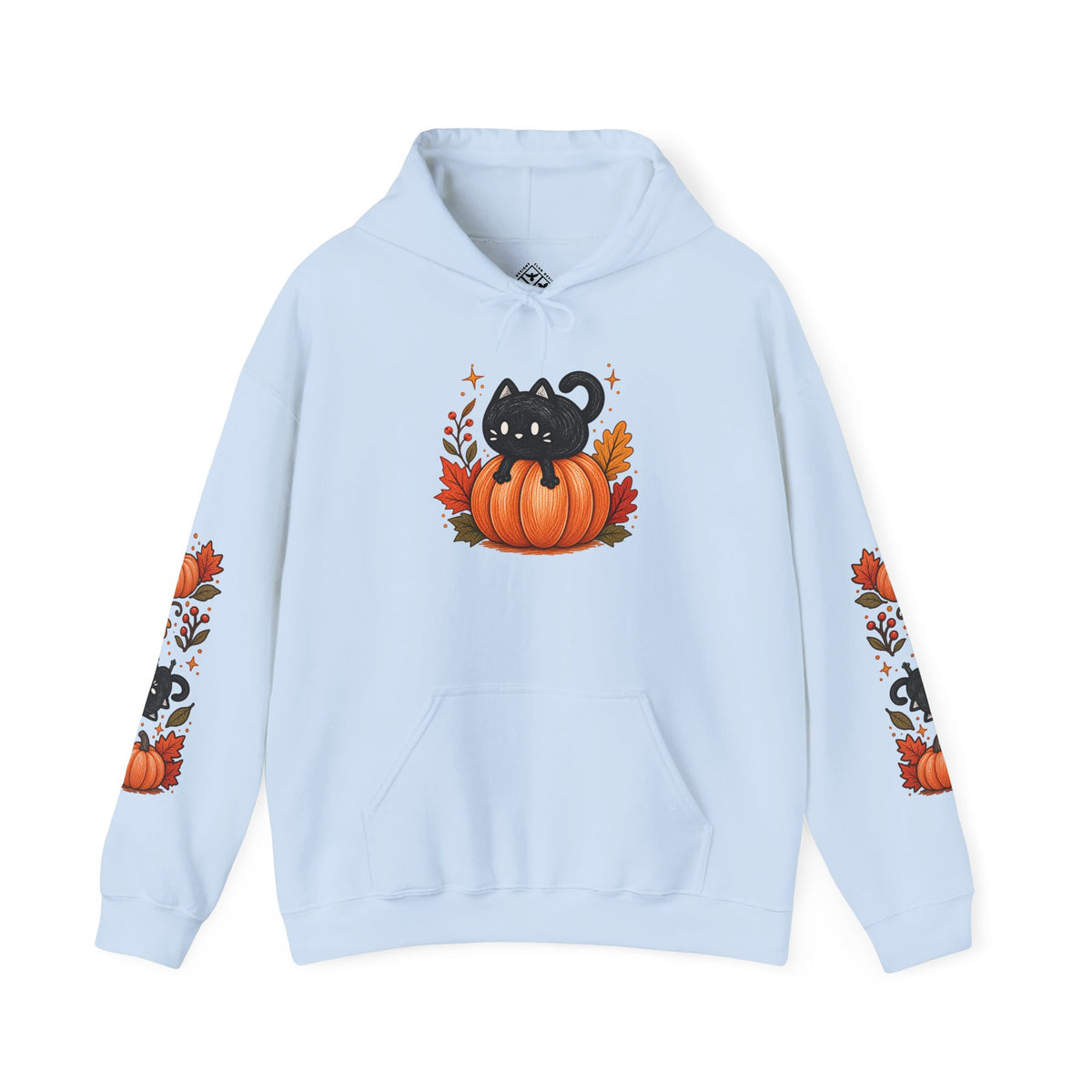 Black Cat on Pumpkin Hoodie | Autumn Leaves Sleeve Design
