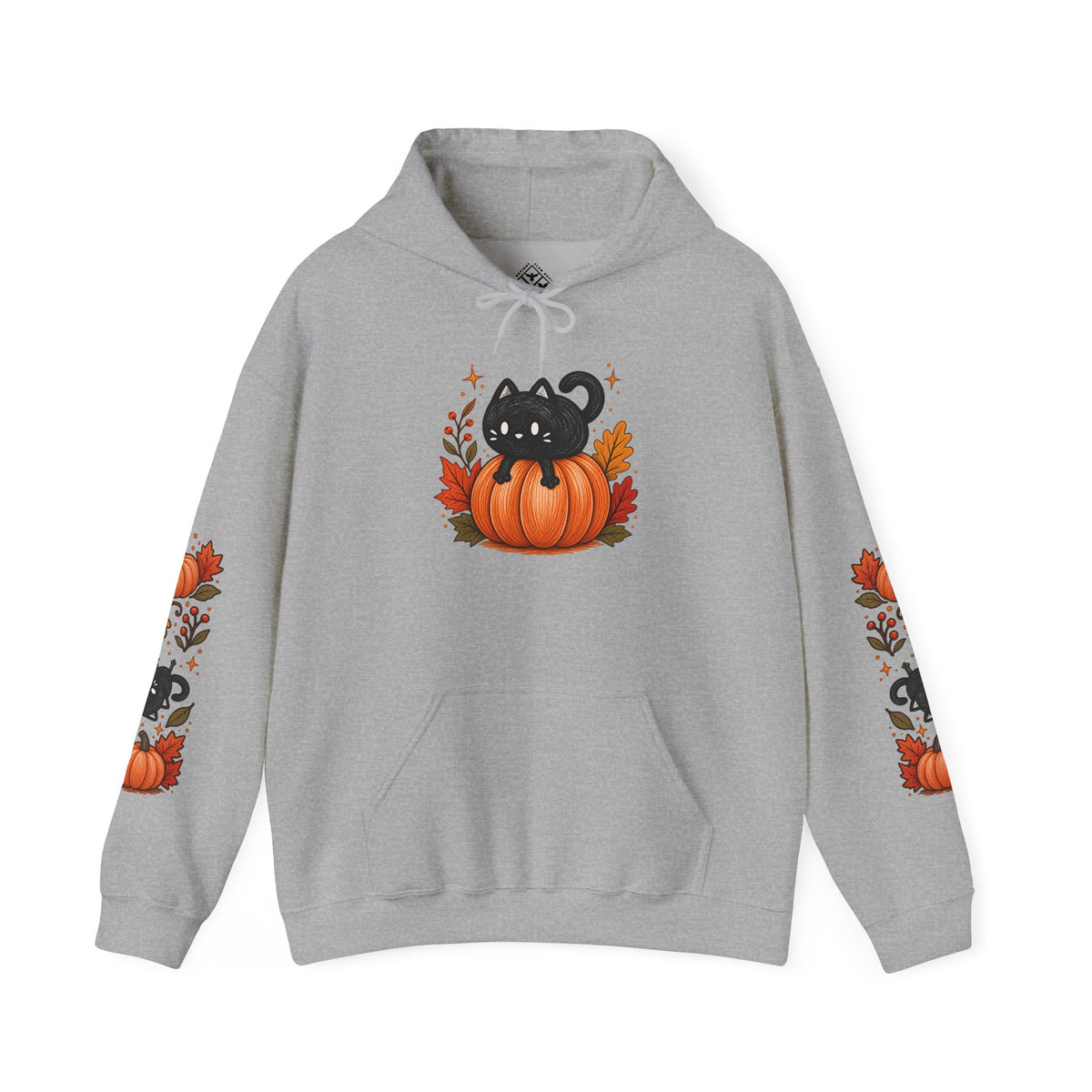 Black Cat on Pumpkin Hoodie | Autumn Leaves Sleeve Design