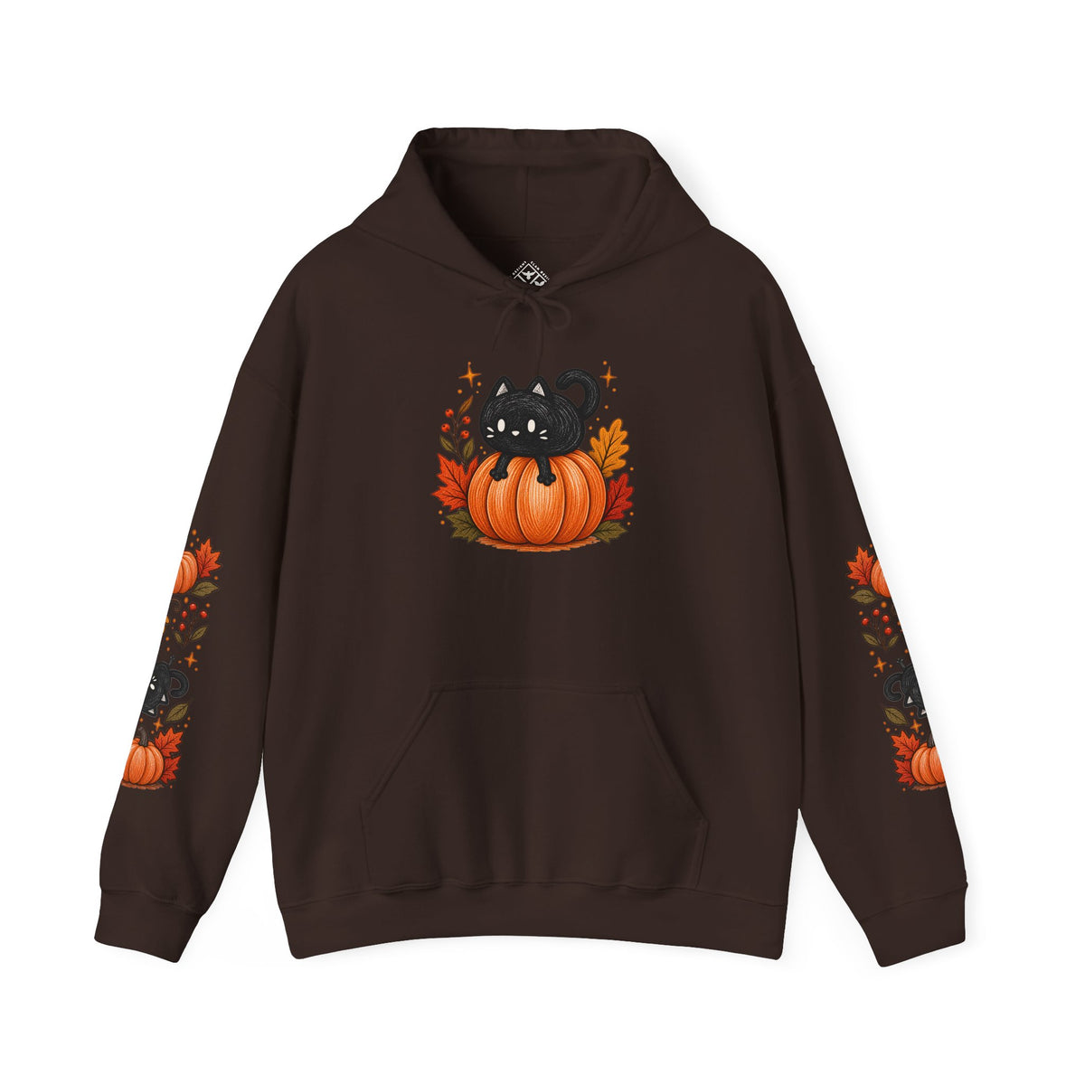 Black Cat on Pumpkin Hoodie | Autumn Leaves Sleeve Design