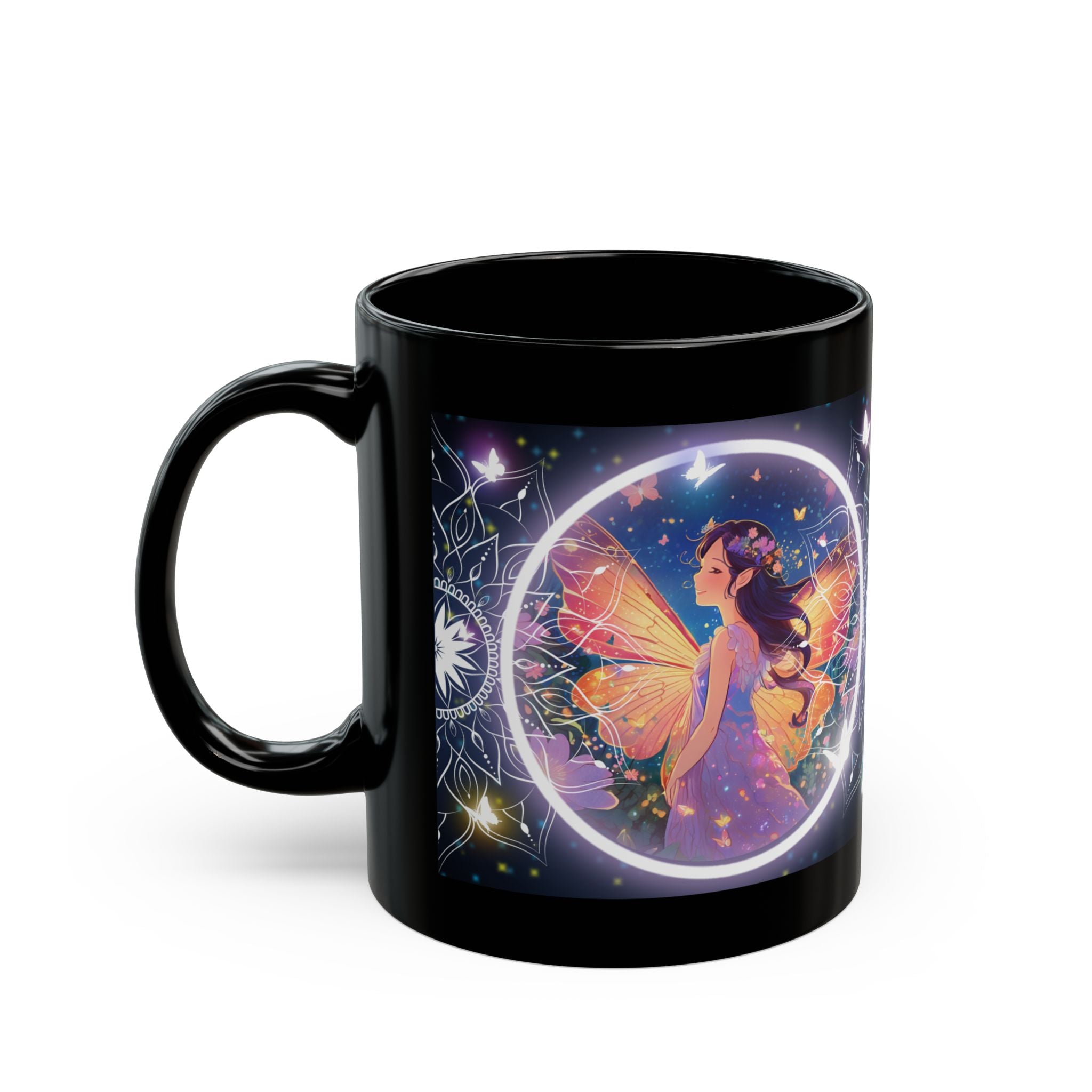Butterfly Fairy Black Mug, Nature Lover Coffee Cup 11oz