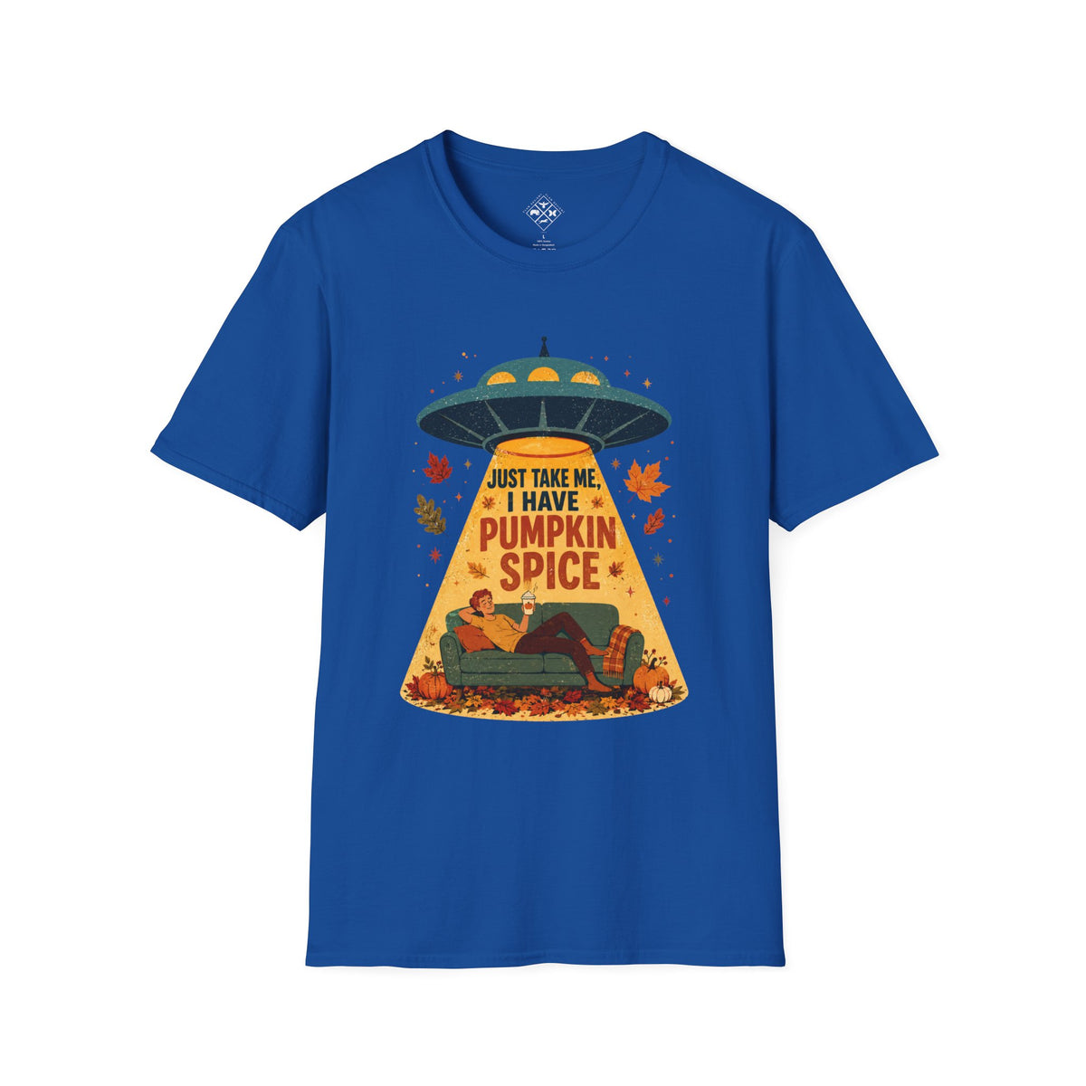 Pumpkin Spice UFO Abduction T-Shirt | Fall Leaves, Cozy Couch