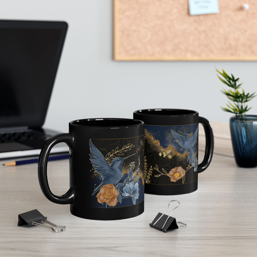Blue and Gold Humming Birds Black Mug 11oz