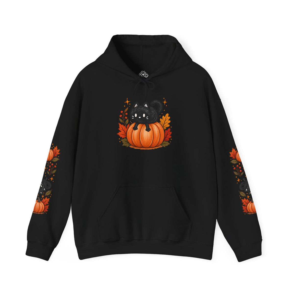 Black Cat on Pumpkin Hoodie | Autumn Leaves Sleeve Design