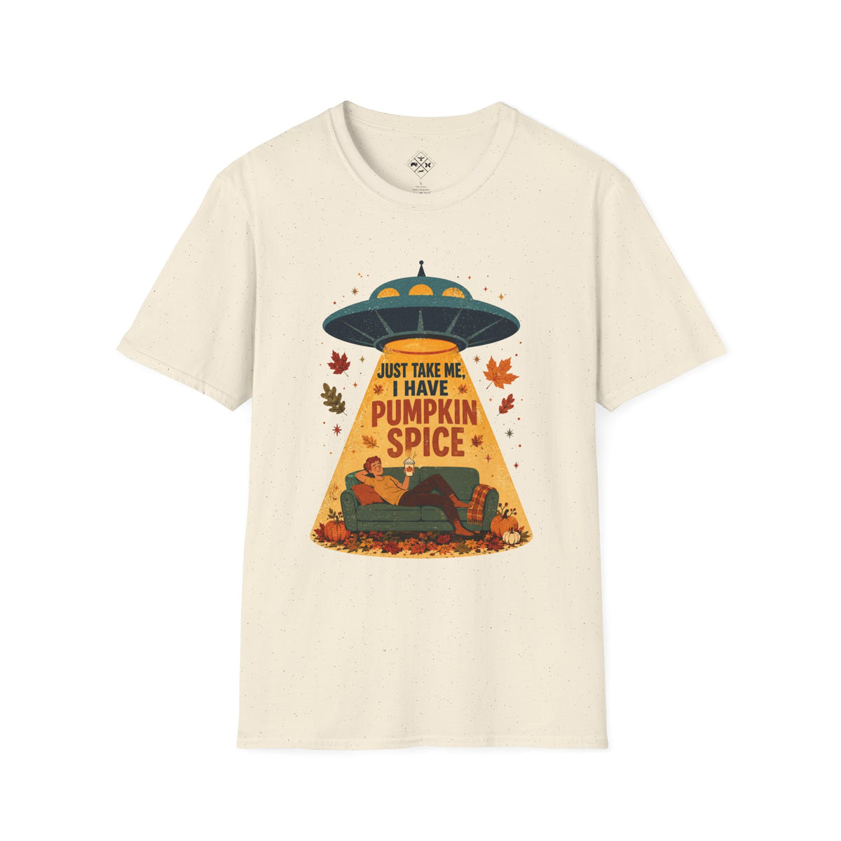 Pumpkin Spice UFO Abduction T-Shirt | Fall Leaves, Cozy Couch