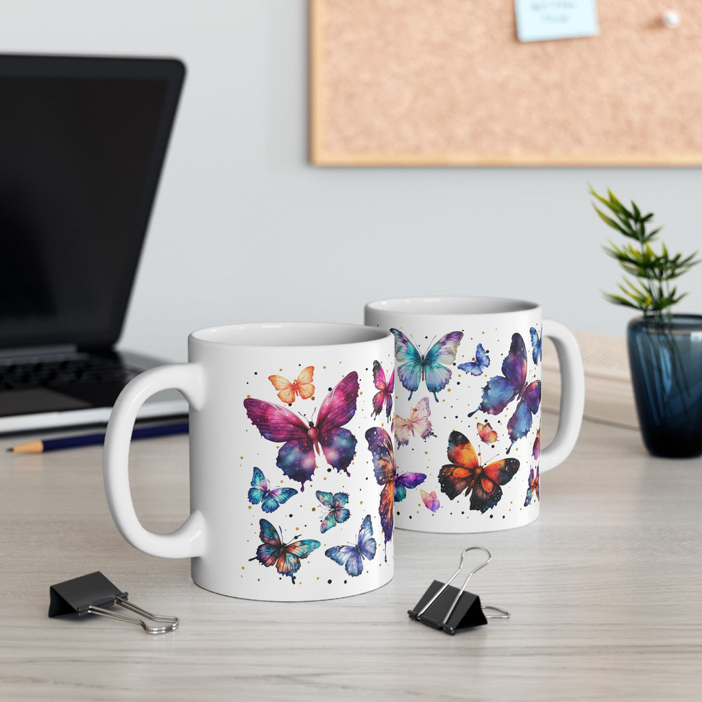 Butterfly Ceramic Mug, White Mug with Butterflies 11oz