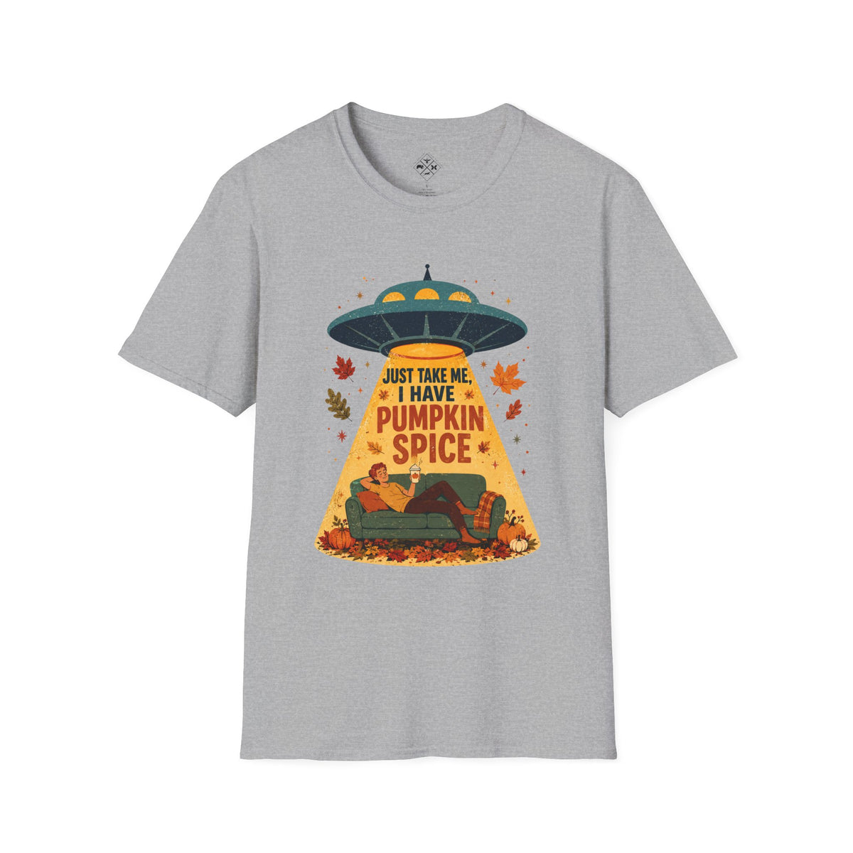 Pumpkin Spice UFO Abduction T-Shirt | Fall Leaves, Cozy Couch